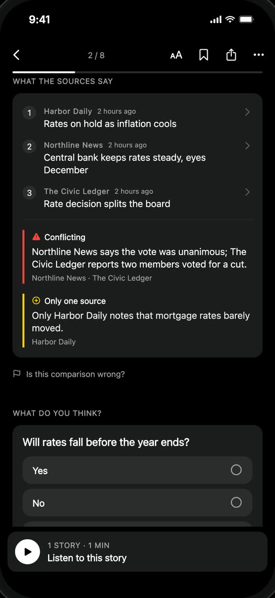 A story in Wonderwhy: what each source says, where they conflict and what only one of them reports (sample content).